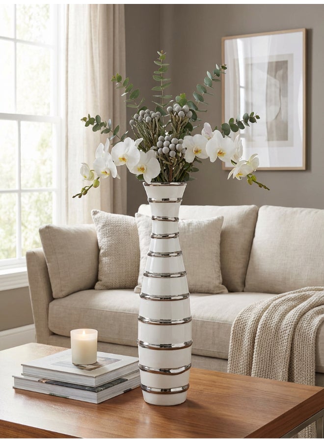 ايست من نون Ceramic Vase for Floral Decorative arrangement, Ht-40 cm |  Silver White Color | Ribbed Rays Design | Size -9.5x9.5x40.2 cm | Perfect for decorativing your living room, Ideal for decorating coffee table, dinning table, console table or any office or living space - Image 4